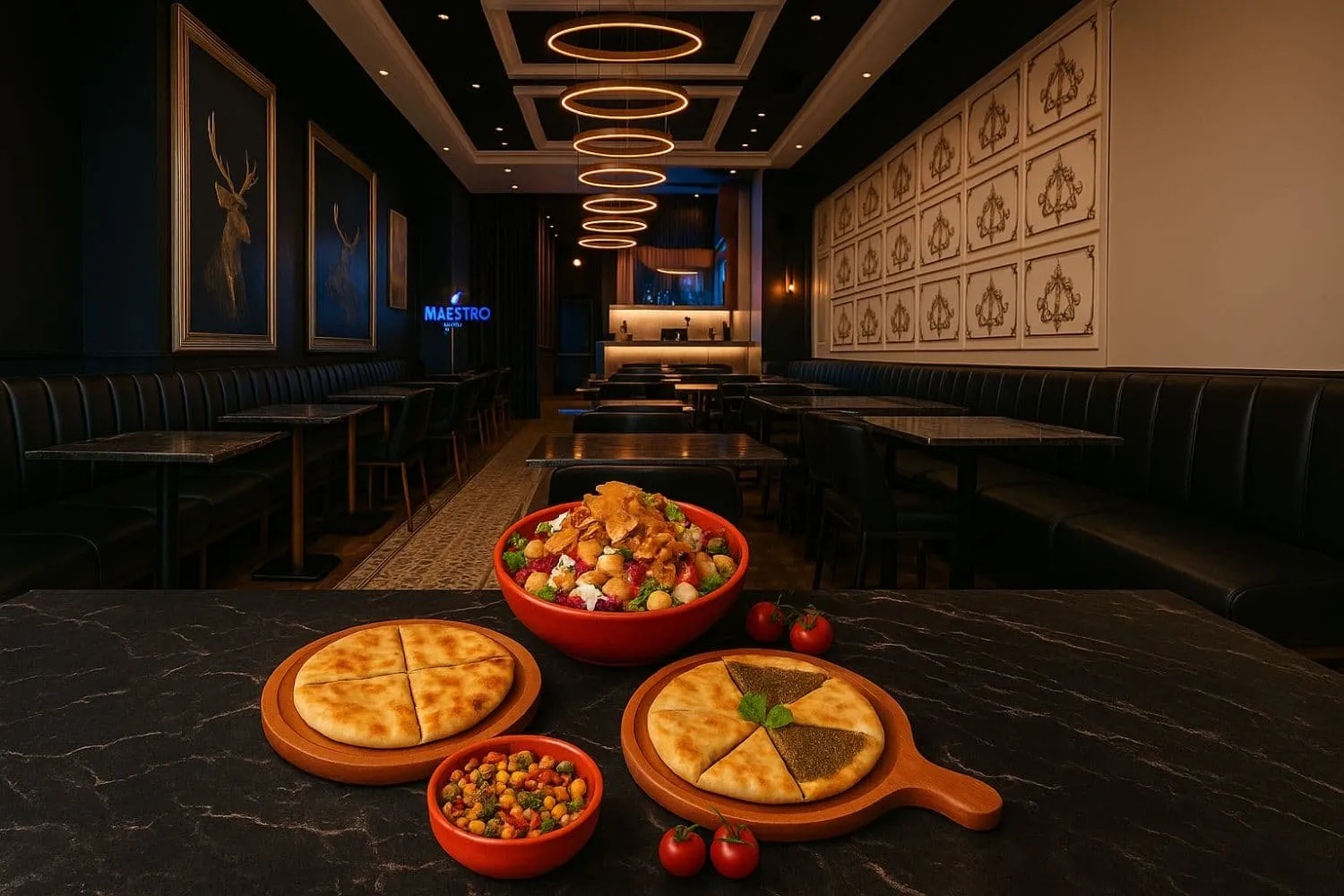 Maestro Lounge interior with Mediterranean dishes on the table